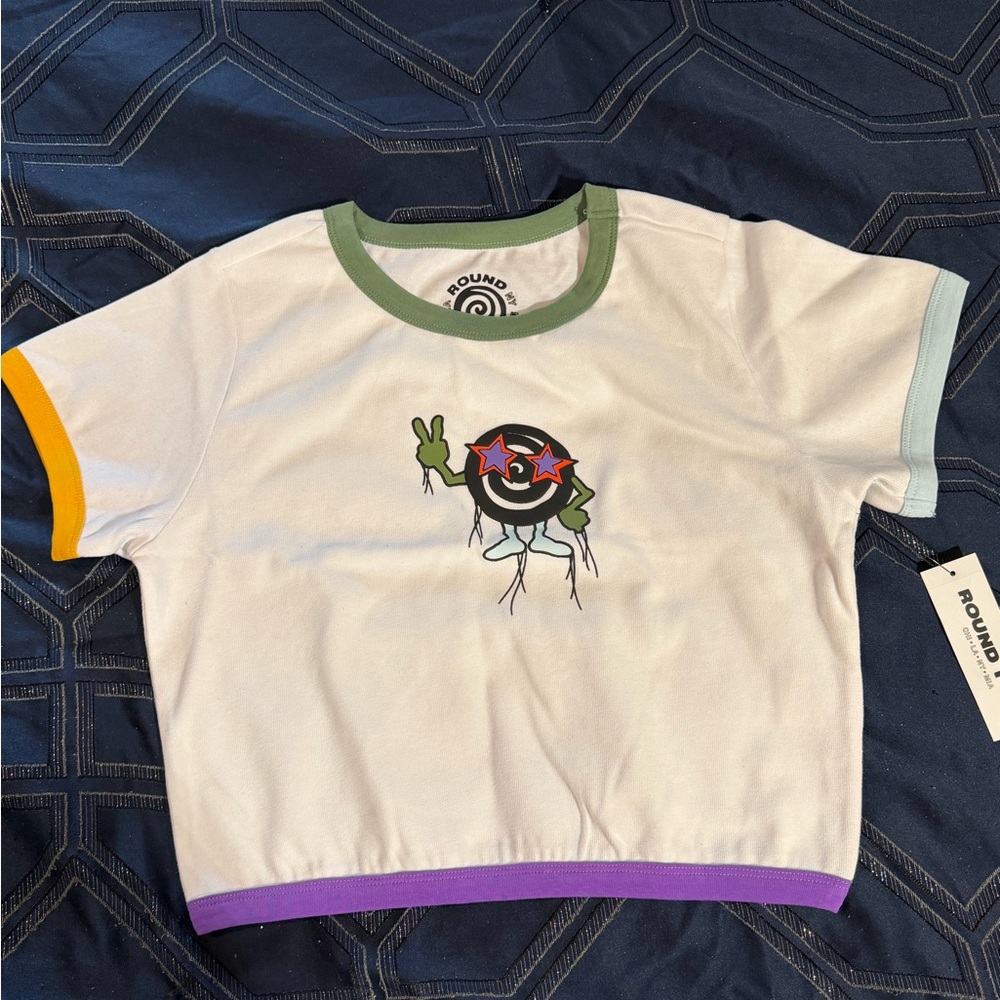 Round Two women’s White and Multicolor Trim cropped T-Shirt